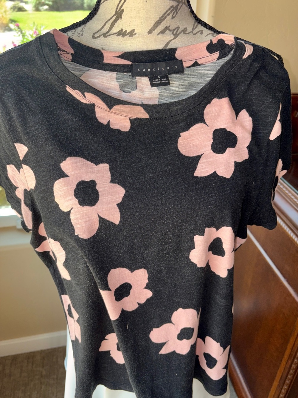 Sanctuary Black Tee with Blush Floral Print